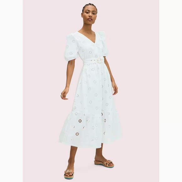 New Kate Spade V-neck Clover Eyelet Belted Dress - size S - Picture 2 of 4